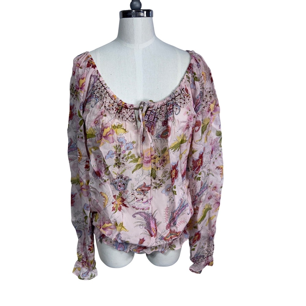 Vintage Revue Boho Floral Smocked Peasant Blouse Pink Rayon Ruffle Hem XL